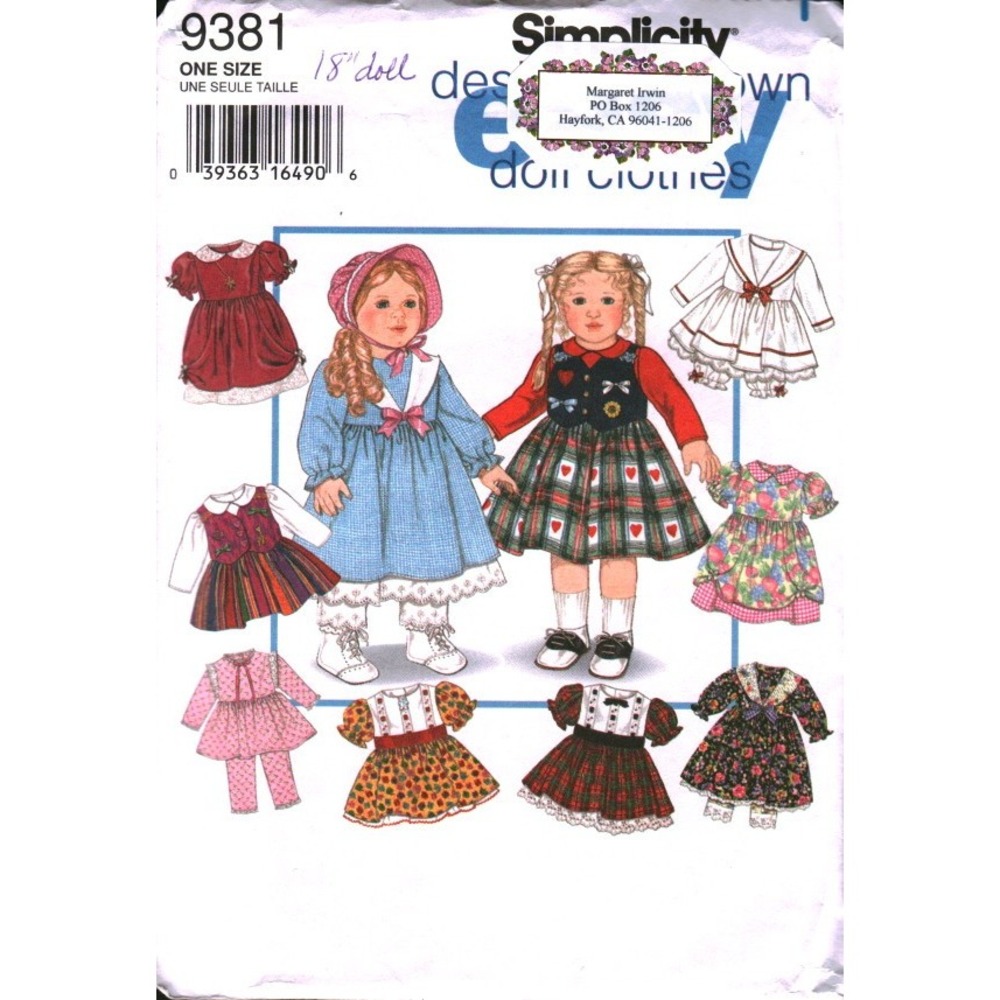 Simplicity 9381 18 Inch Doll Clothes Sewing‎ Pattern Design Your Own 14 Pieces